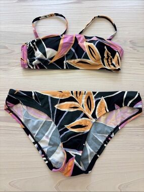 Kona Sol Black Floral Print Bikini with Orange and Pink Accents